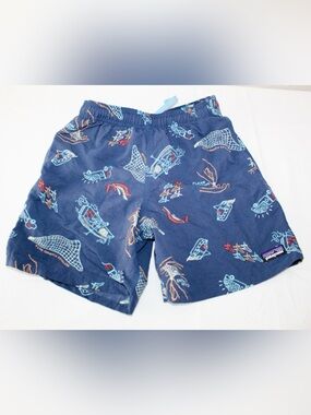 Patagonia Size Small Boys Navy Blue Swim Shorts with Multicolor Ocean Motif